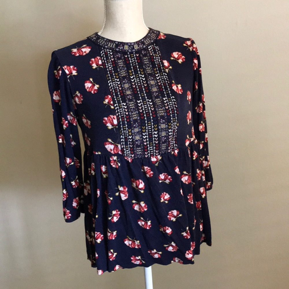 M Anthropologie Navy floral embroidery peplum top